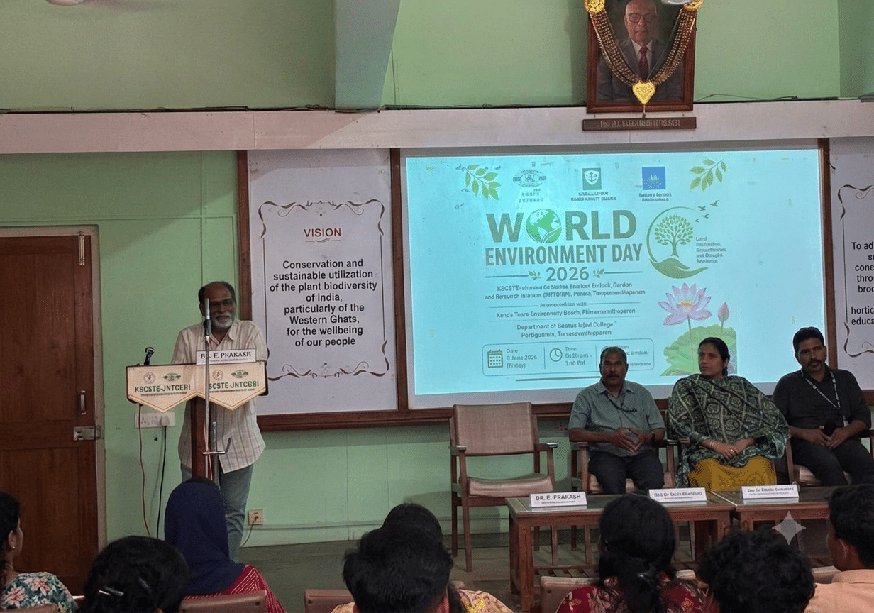 On the occasion of World Environment Day 2026, KSCSTE–JNTBGRI, in association with KSBB and the Department of Botany, Iqbal College, organized a programme inaugurated by Dr. S. Sreekumar, Director, KSCSTE–JNTBGRI. Dr. Viji A. R., Head of the Department of Botany, Iqbal College, delivered the special address, while Dr. K. B. Rameshkumar, Senior Principal Scientist and Head, KSCSTE–JNTBGRI, presented the theme. The vote of thanks was delivered by Dr. Raveendran M., Senior Scientist, KSCSTE–JNTBGRI.